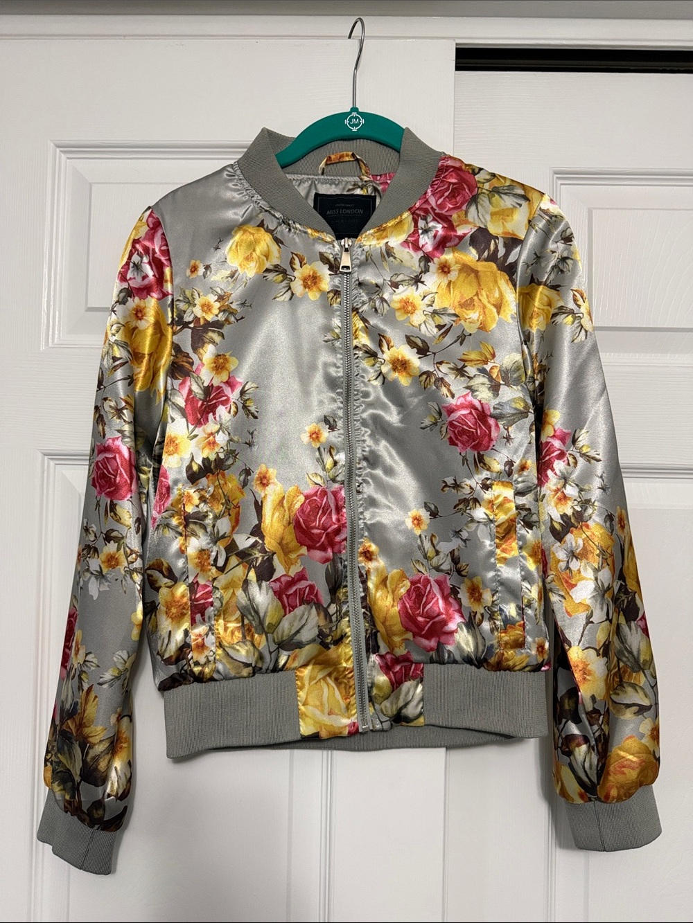 Miss London Silver Floral Satin Bomber Jacket with Yellow & Pink Flowers